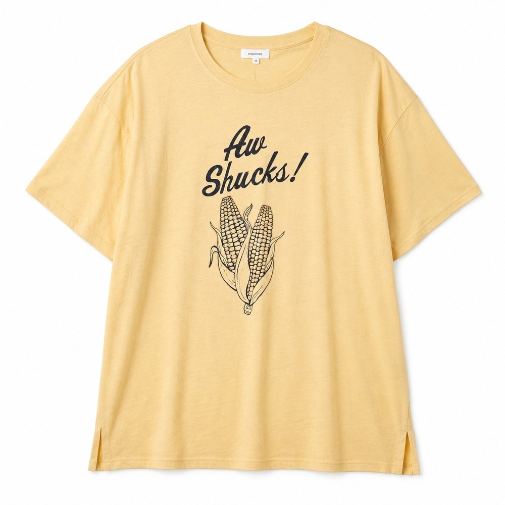 Maurices Graphic Tee Womens 1X Yellow Excellent Aw Shucks Corn Pun Relaxed Fit